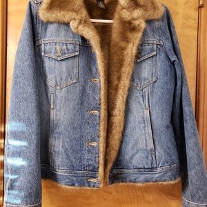 Harold's blue jean denim jacket with faux fur trim